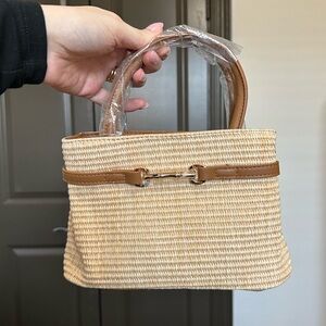 MOTF Structured Straw Tote Bag with Tan Leather Trim — New (Never Used)